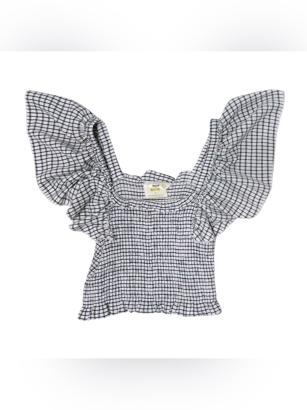 Anthropologie Maeve Crinkle Gingham Smocked Ruffle Top Large